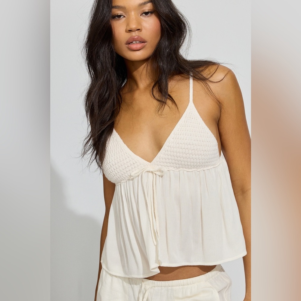 Garage Knit Crochet White Spaghetti Strap Front Tie Top